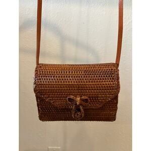 Straw Bag Purse Fabric Lining Leather Strap Boho Cotagecore